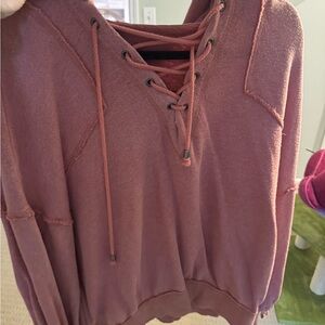 Free People Lace-Up Hoodie Sweater in Dusty Rose